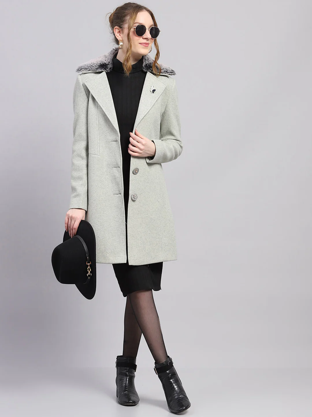 Women Grey Solid Notch lapel Collar Full Sleeve Coat - Image 2