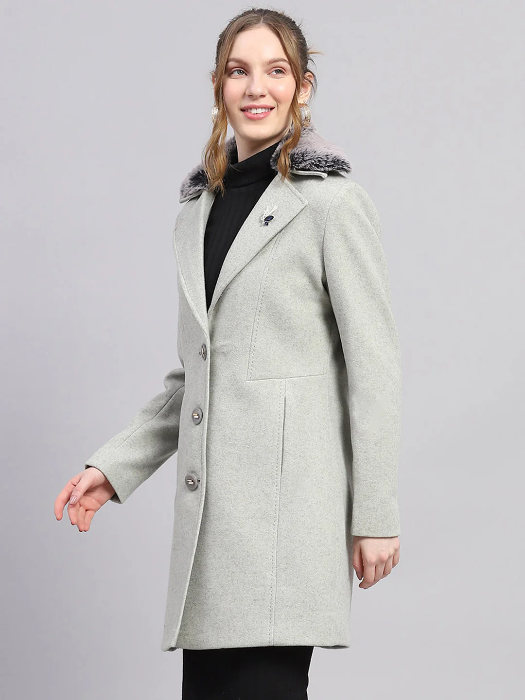 Women Grey Solid Notch lapel Collar Full Sleeve Coat - Image 3