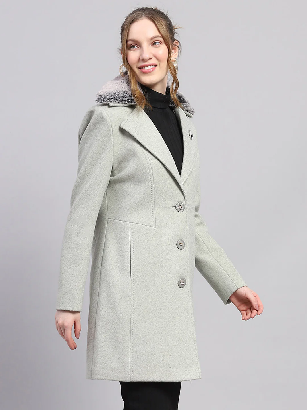 Women Grey Solid Notch lapel Collar Full Sleeve Coat - Image 4