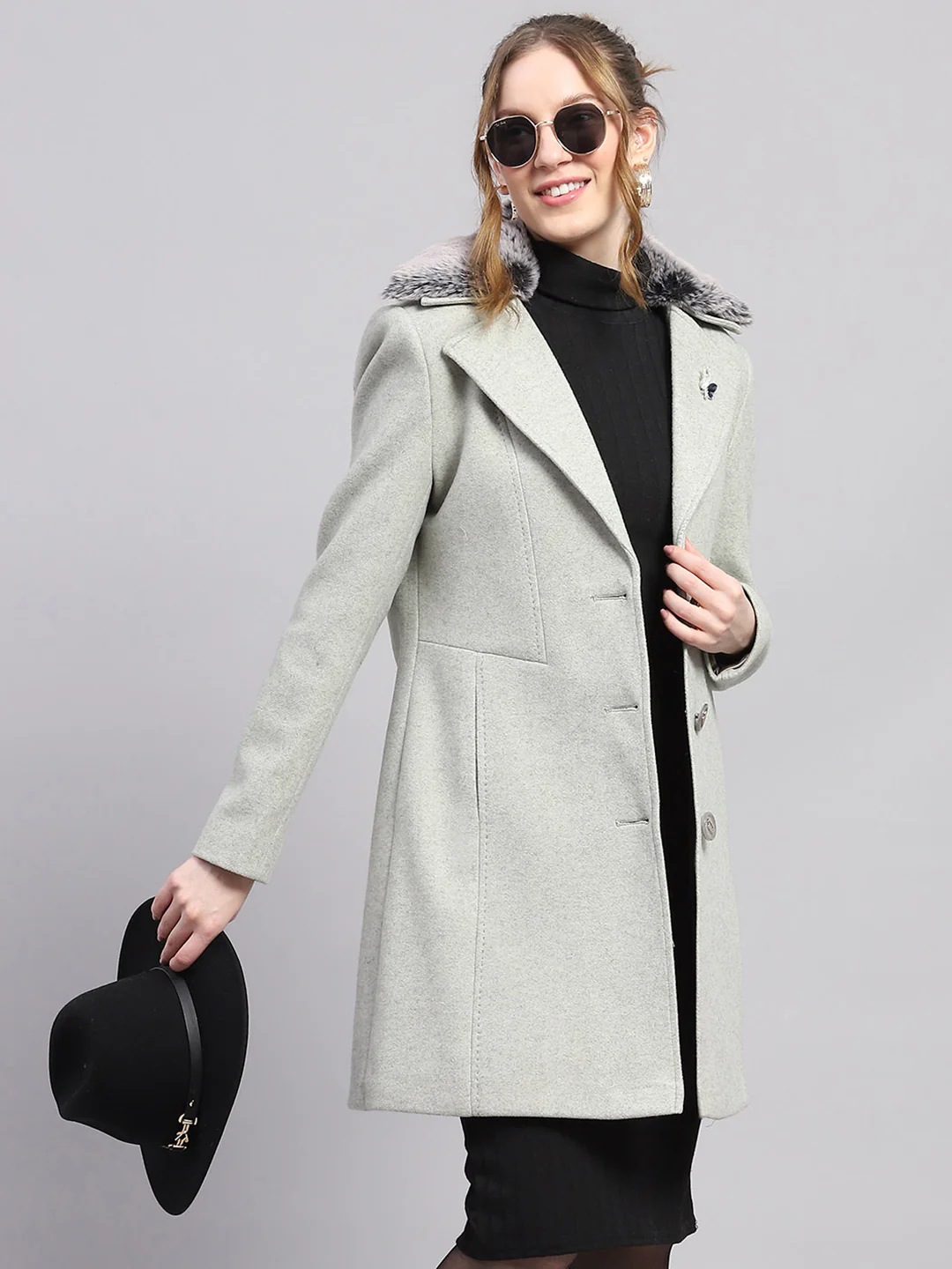 Women Grey Solid Notch lapel Collar Full Sleeve Coat - Image 6