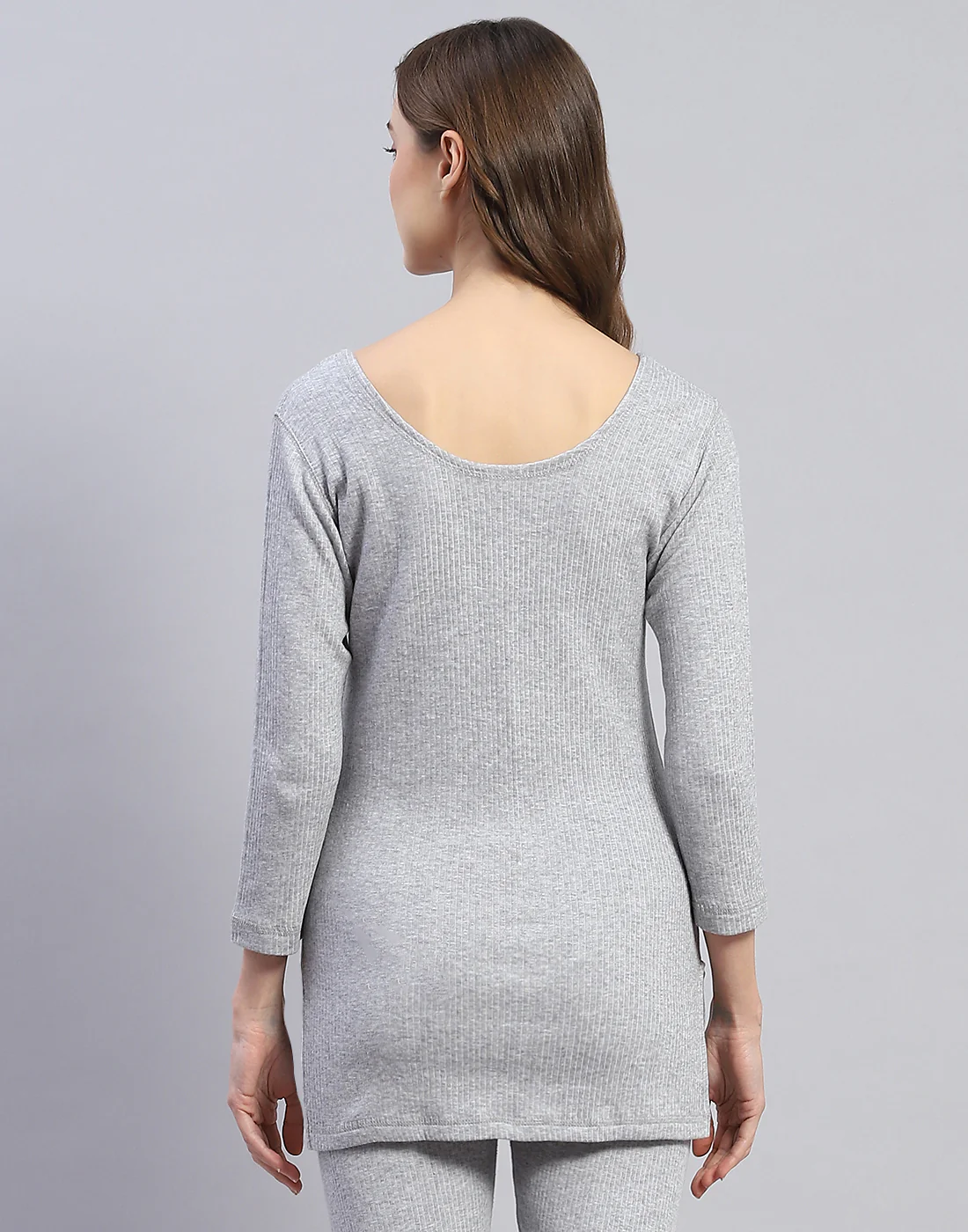 Women Grey Solid Round Neck 3/4 Sleeve Thermal Vest - Image 5
