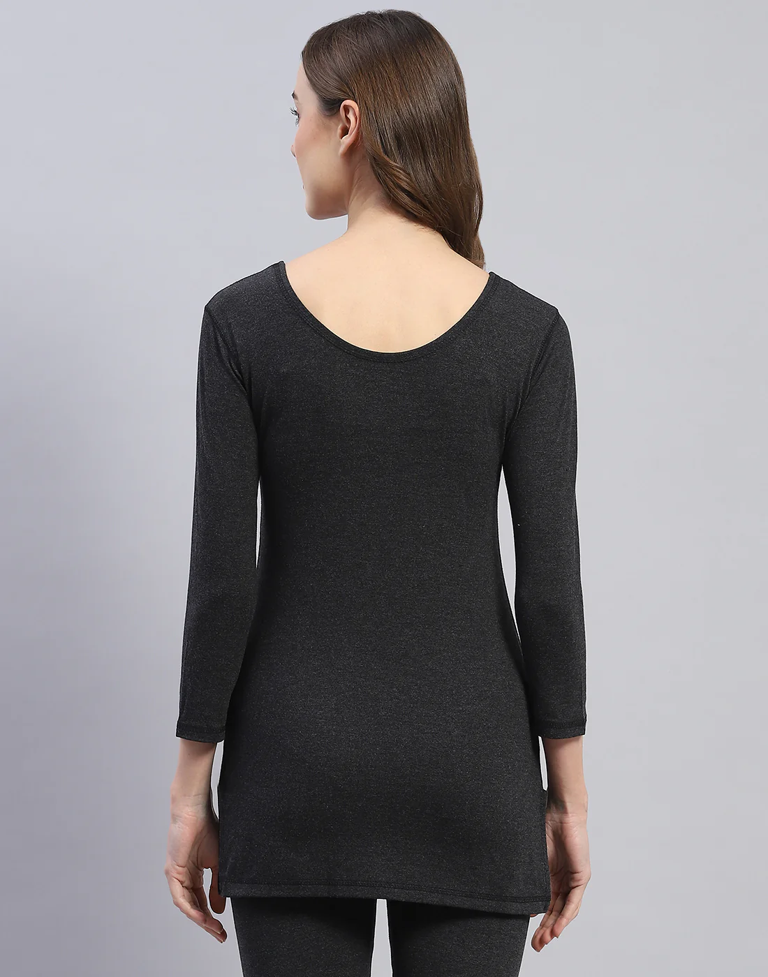 Women Grey Solid Round Neck 3/4 Sleeve Thermal Vest - Image 5