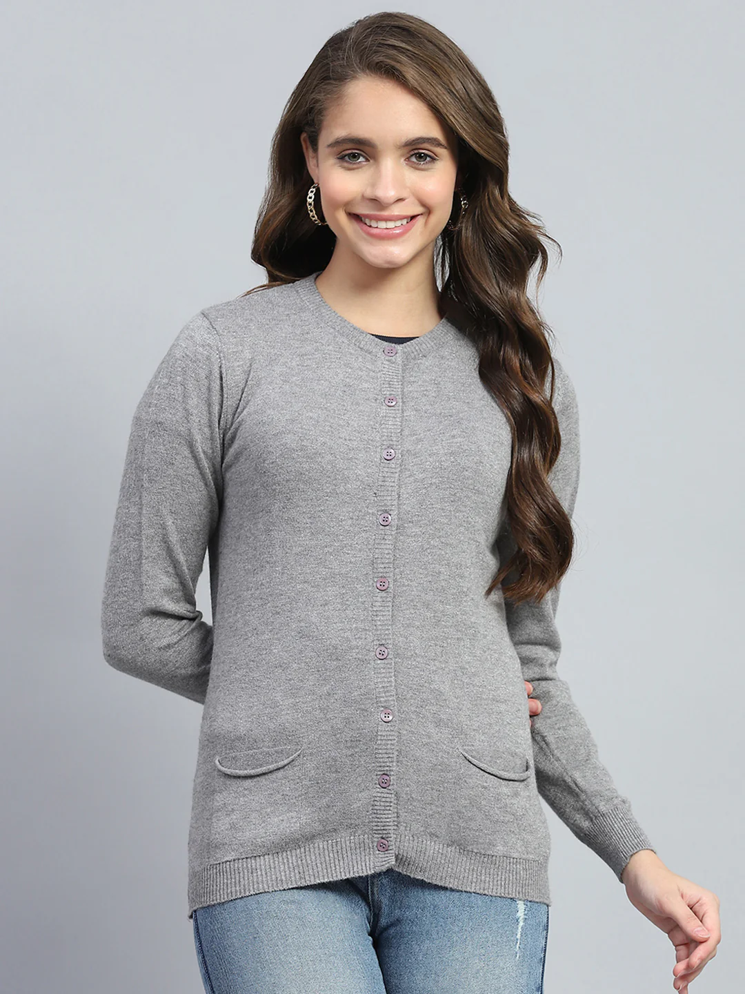 Women Grey Solid Round Neck Full Sleeve Cardigan - Image 2