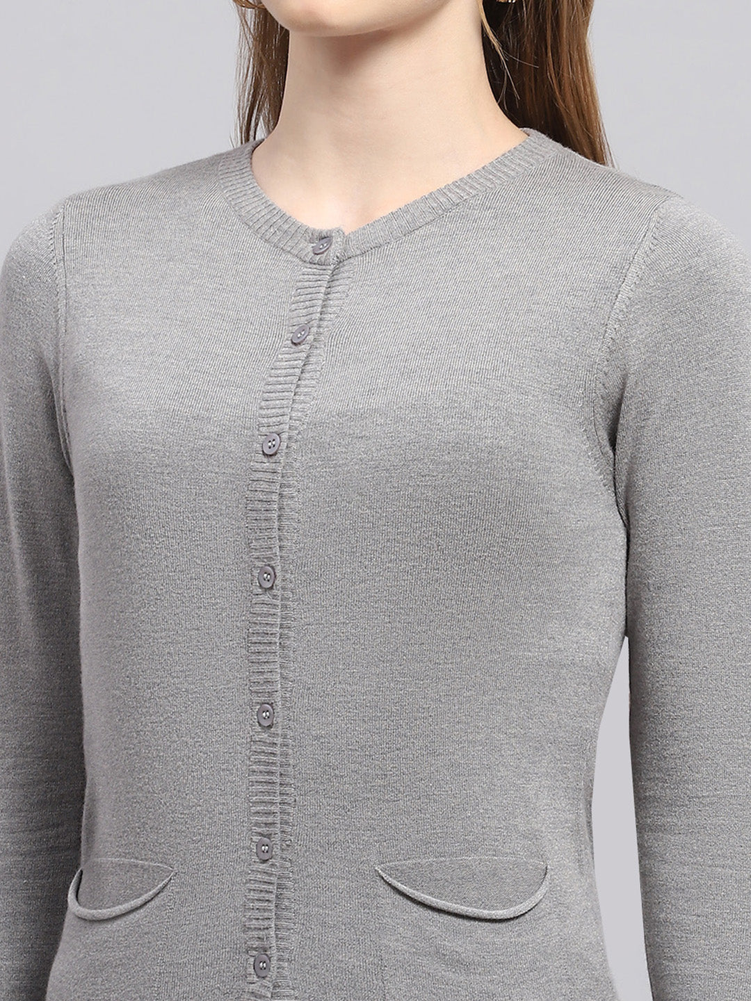 Women Grey Solid Round Neck Full Sleeve Cardigan - Image 7