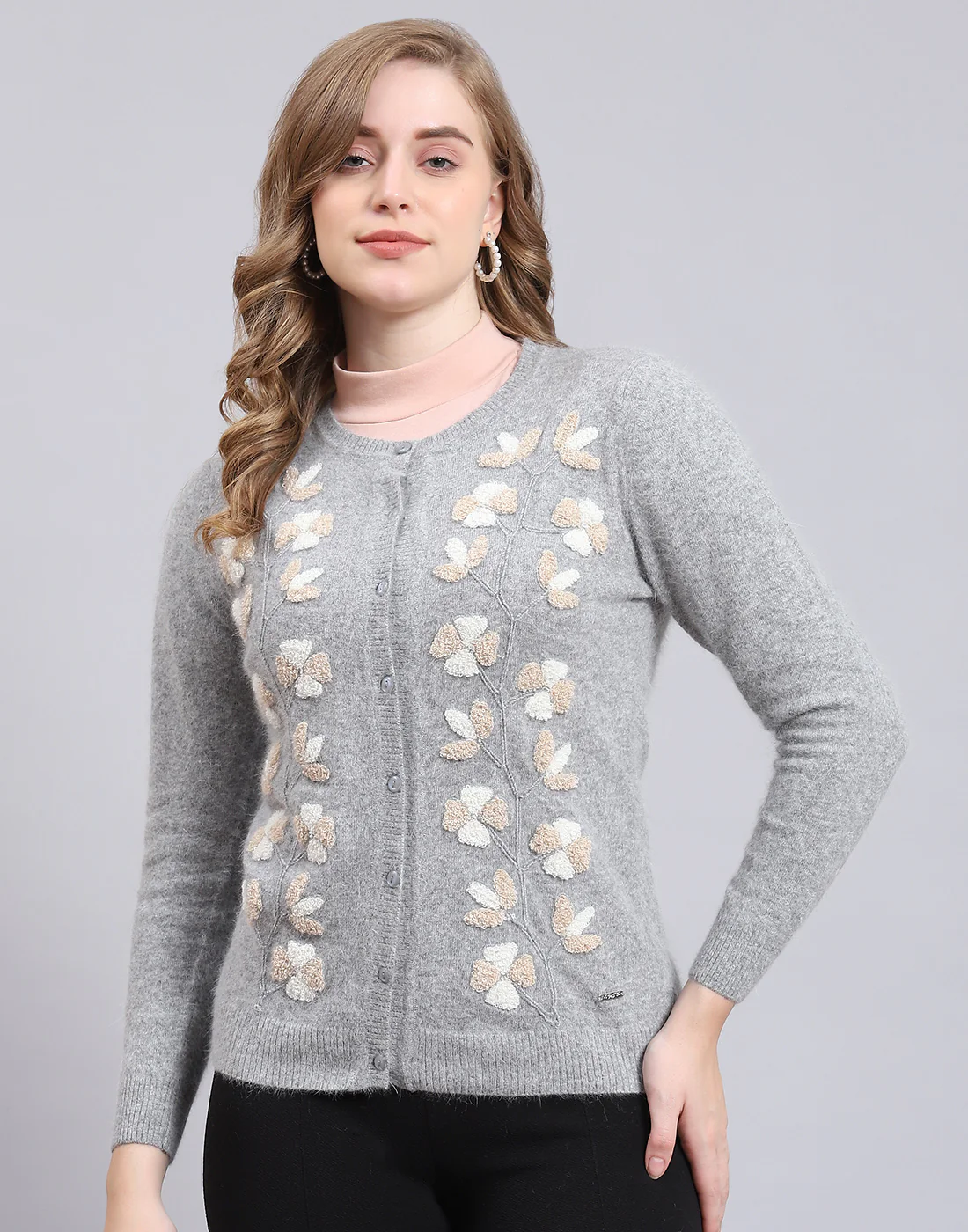 Women Grey Solid Round Neck Full Sleeve Cardigan - Image 2