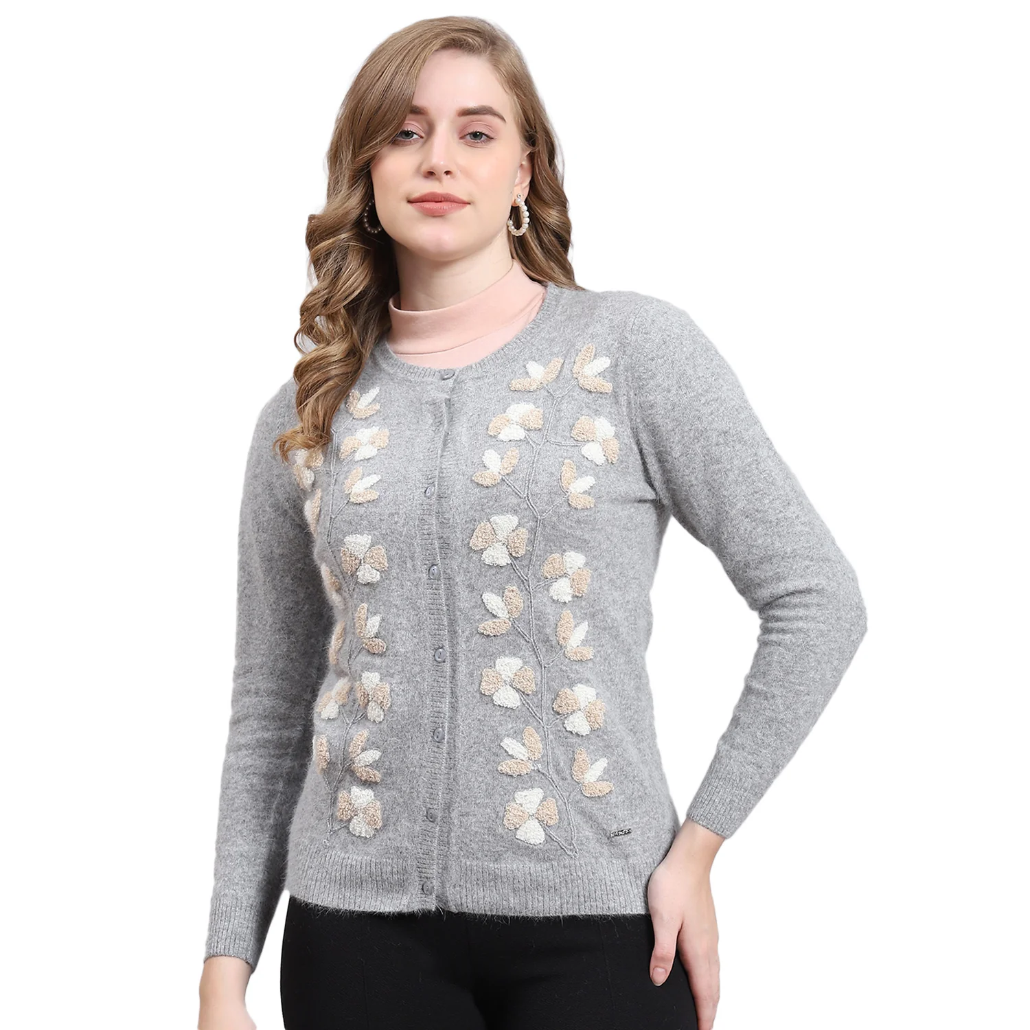 Women Grey Solid Round Neck Full Sleeve Cardigan - Image 5