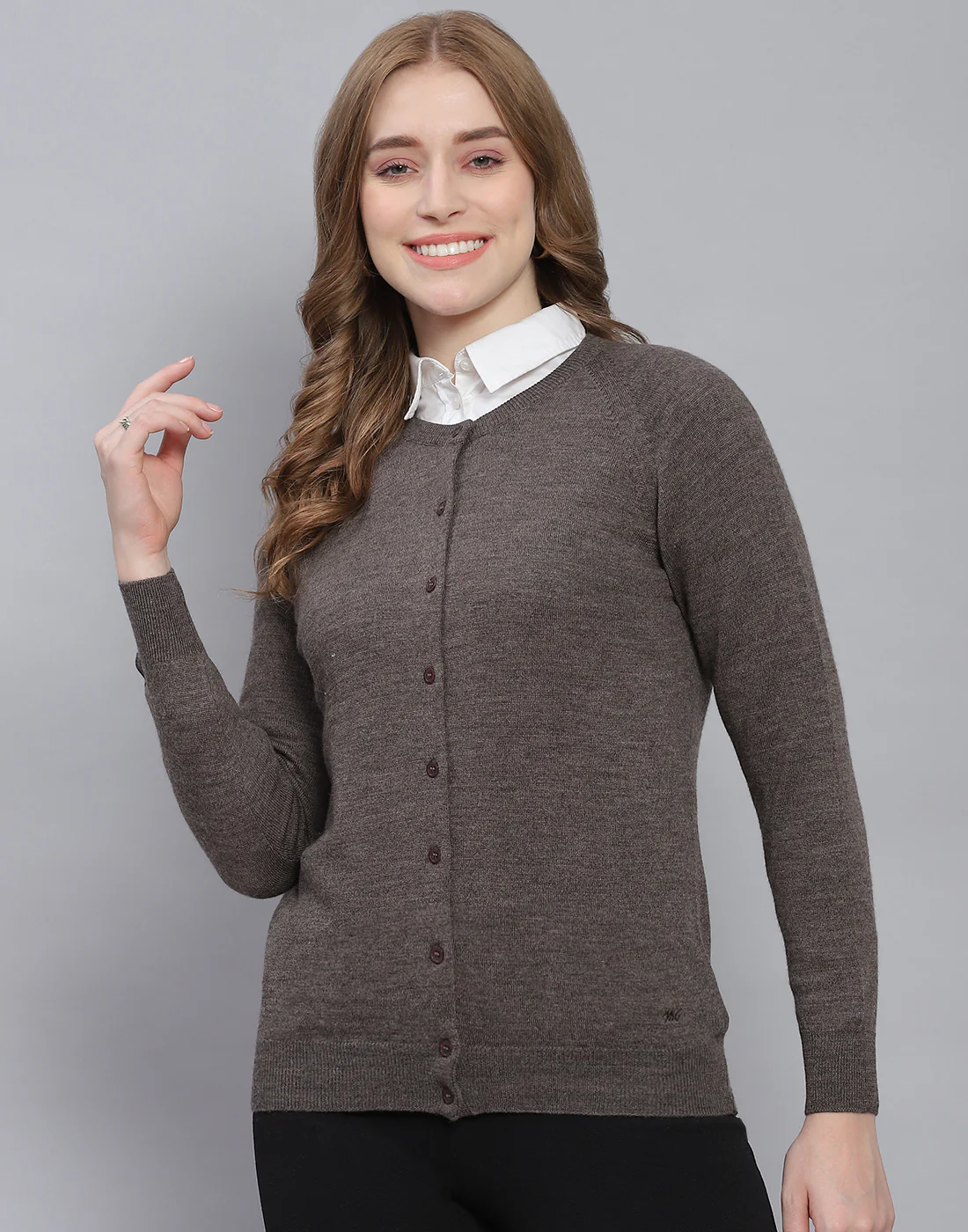 Women Grey Solid Round Neck Full Sleeve Cardigan - Image 2