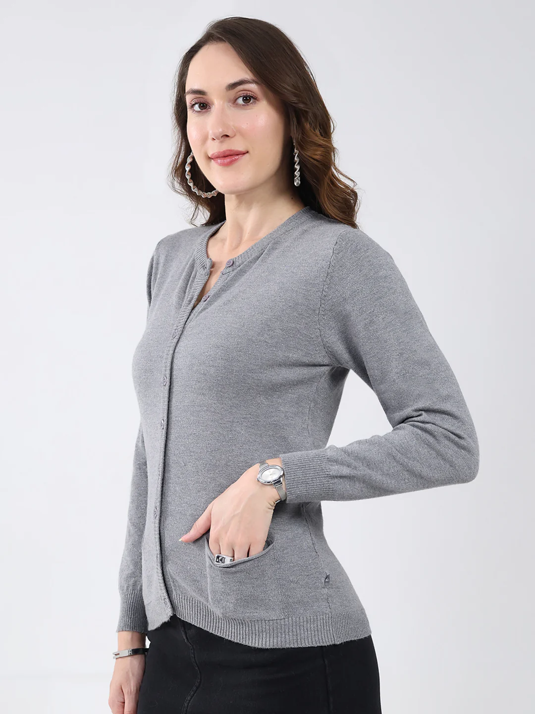 Women Grey Solid Round Neck Full Sleeve Cardigan - Image 3