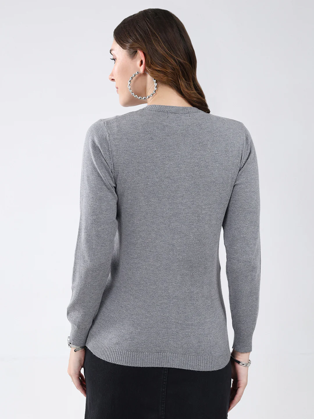 Women Grey Solid Round Neck Full Sleeve Cardigan - Image 5