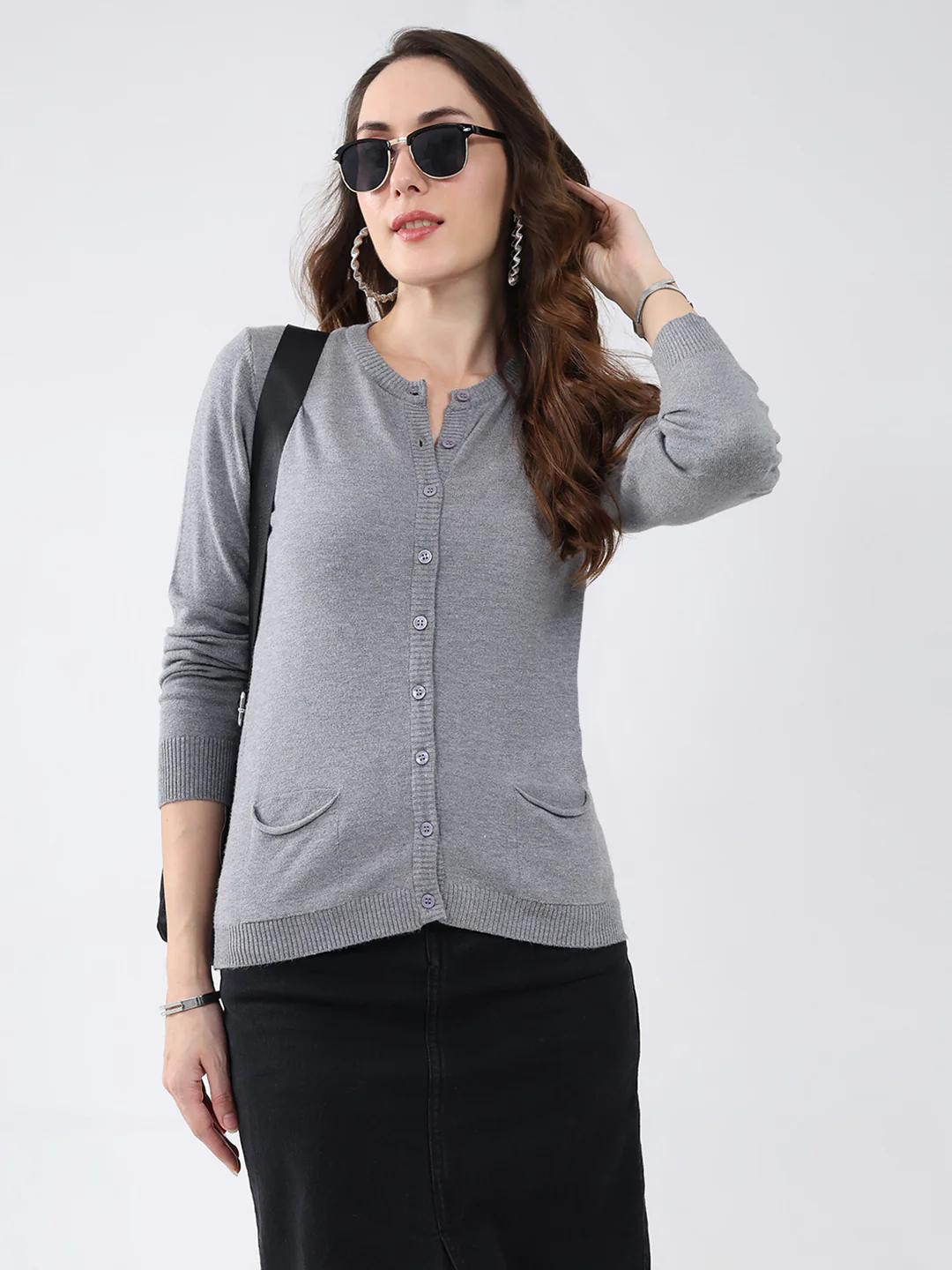 Women Grey Solid Round Neck Full Sleeve Cardigan - Image 6