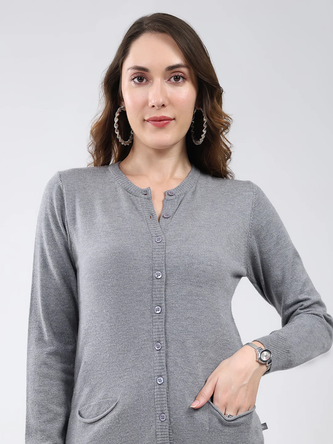 Women Grey Solid Round Neck Full Sleeve Cardigan - Image 7