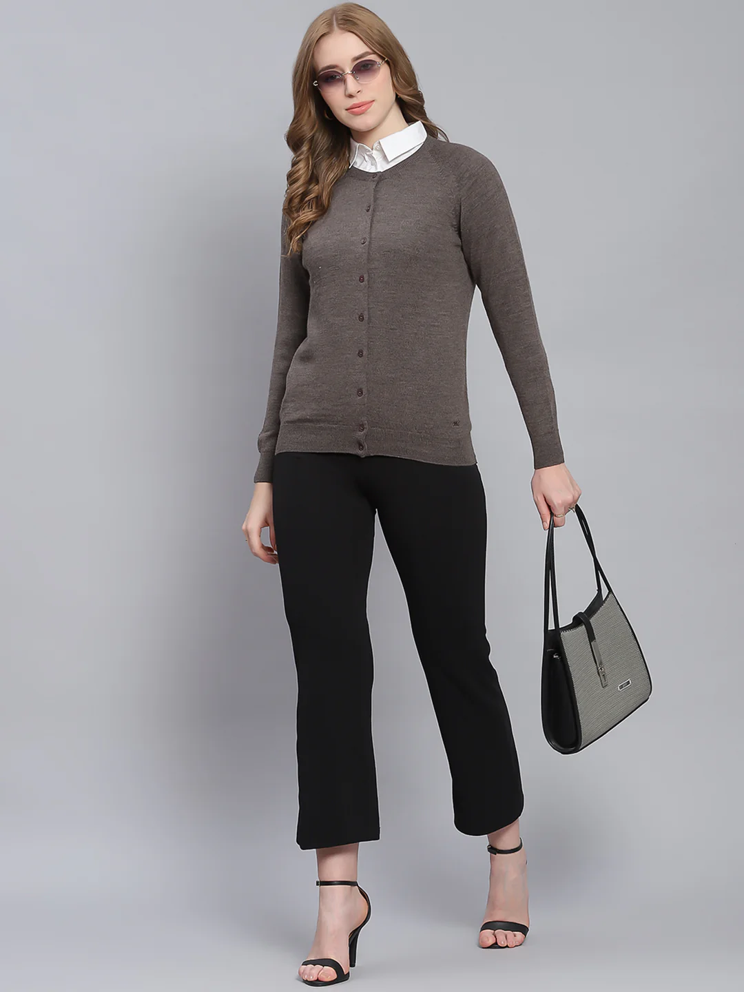 Women Grey Solid Round Neck Full Sleeve Cardigans - Image 2