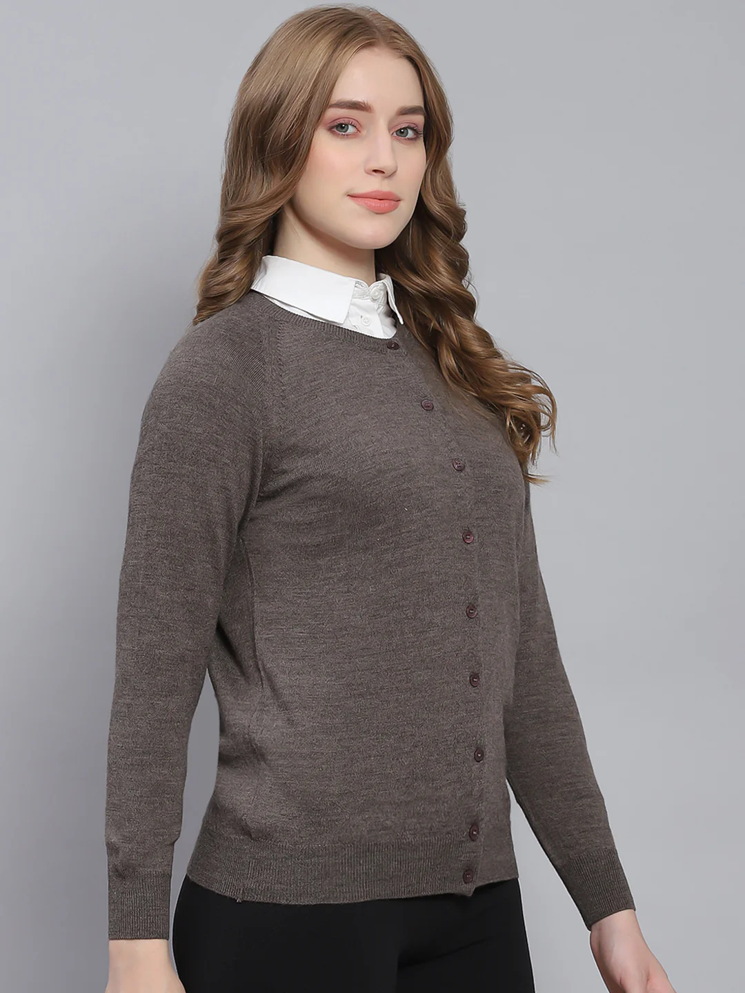 Women Grey Solid Round Neck Full Sleeve Cardigans - Image 4