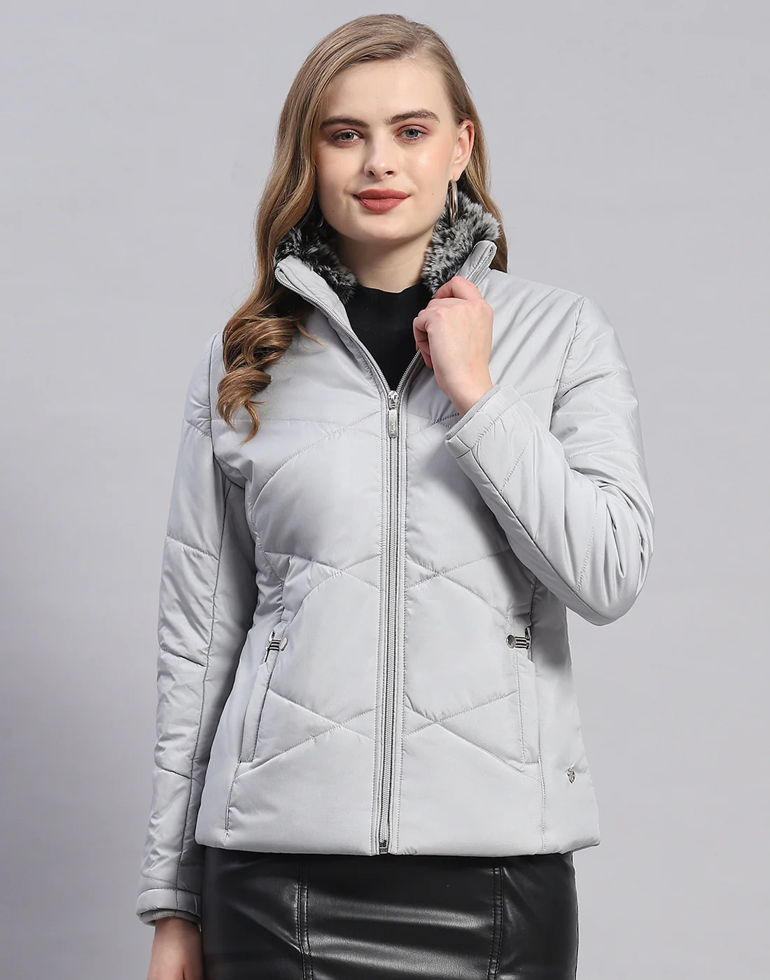Women Grey Solid Stand Collar Full Sleeve Jacket - Image 2