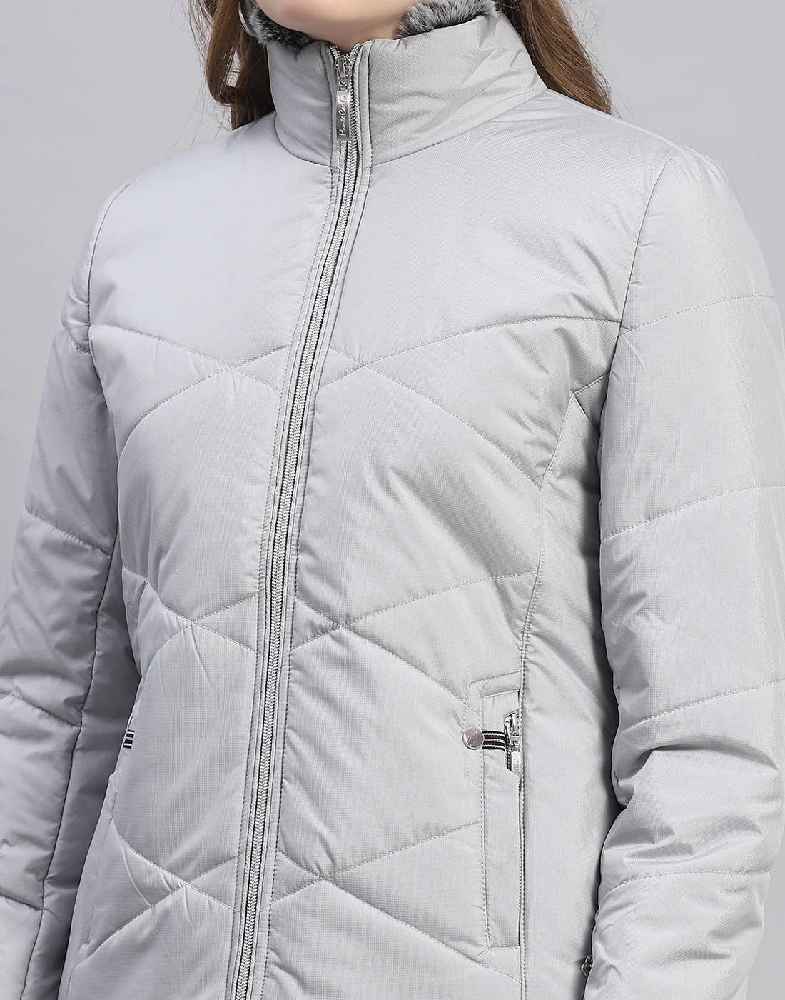 Women Grey Solid Stand Collar Full Sleeve Jacket - Image 7