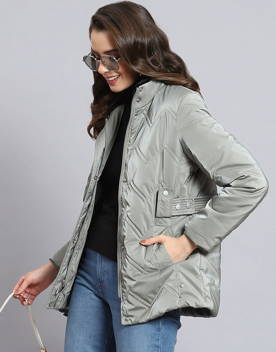 Women Grey Solid Stand Collar Full Sleeve Jacket - Image 2