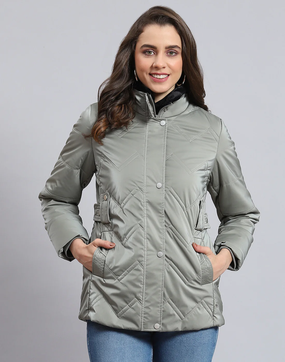 Women Grey Solid Stand Collar Full Sleeve Jacket - Image 3