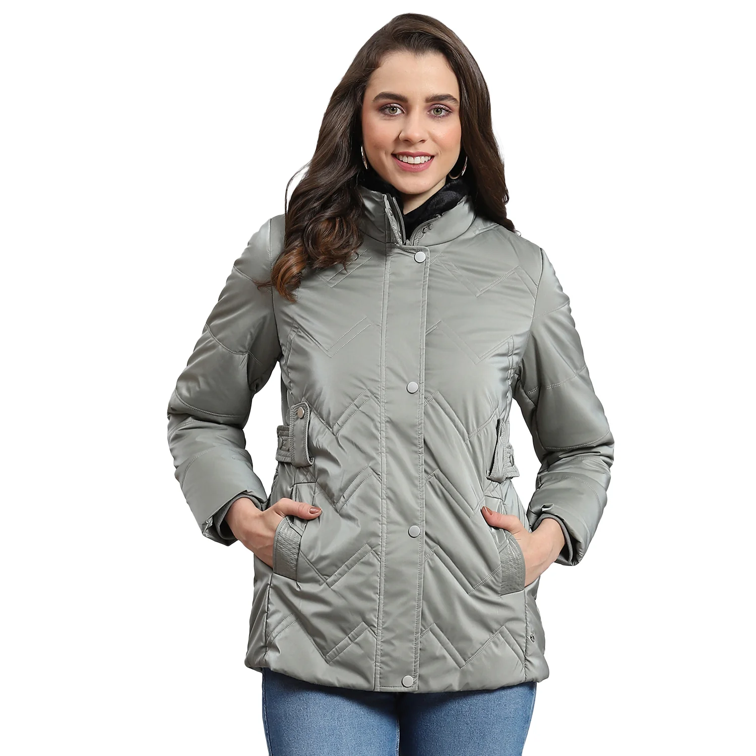 Women Grey Solid Stand Collar Full Sleeve Jacket - Image 5