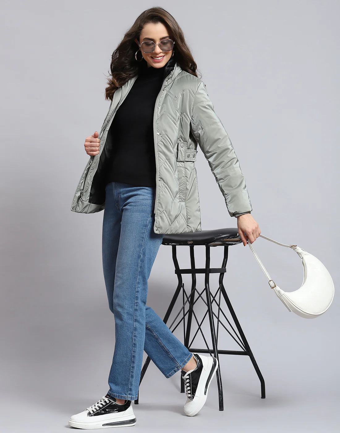 Women Grey Solid Stand Collar Full Sleeve Jacket - Image 7
