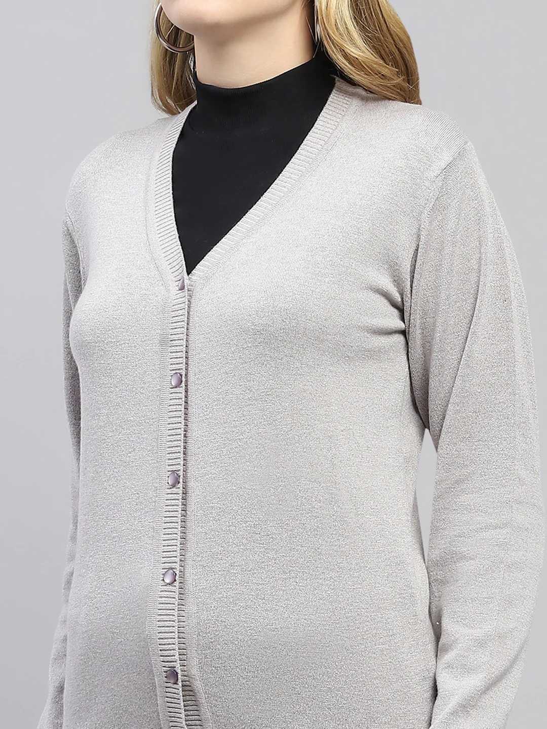 Women Grey Solid V Neck Full Sleeve Cardigan - Image 6