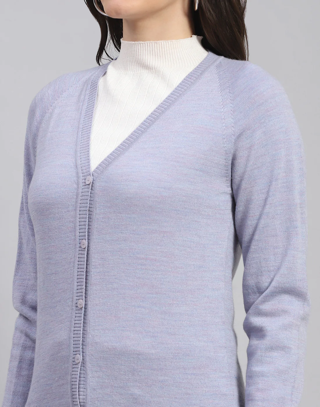 Women Grey Solid V Neck Full Sleeve Cardigan - Image 6