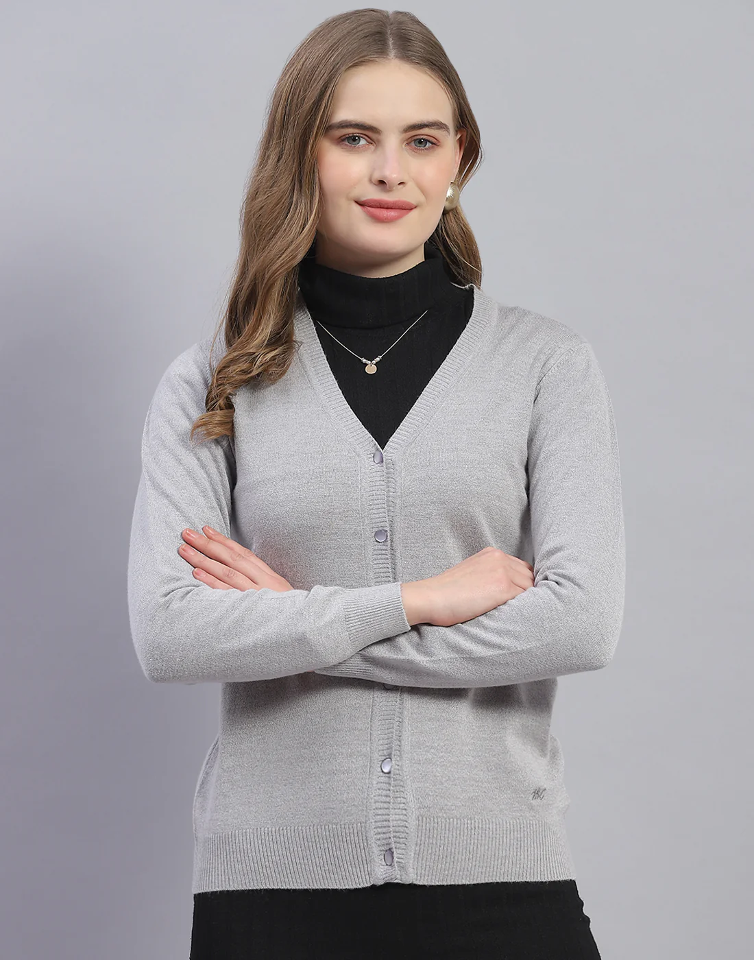 Women Grey Solid V Neck Full Sleeve Cardigan - Image 2