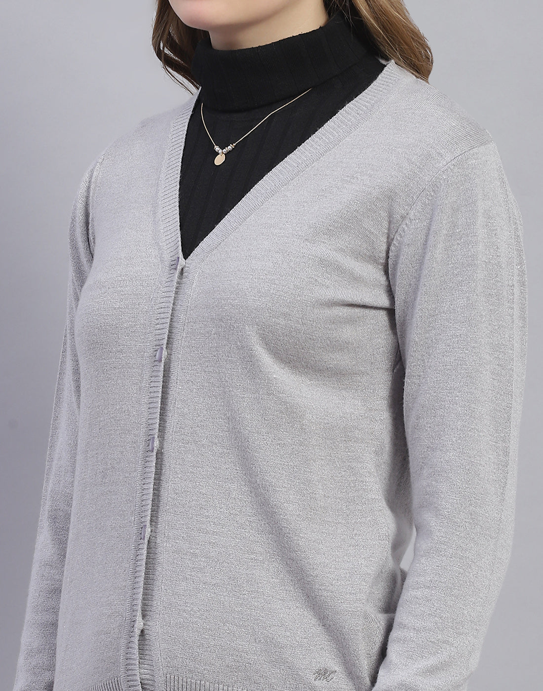 Women Grey Solid V Neck Full Sleeve Cardigan - Image 7