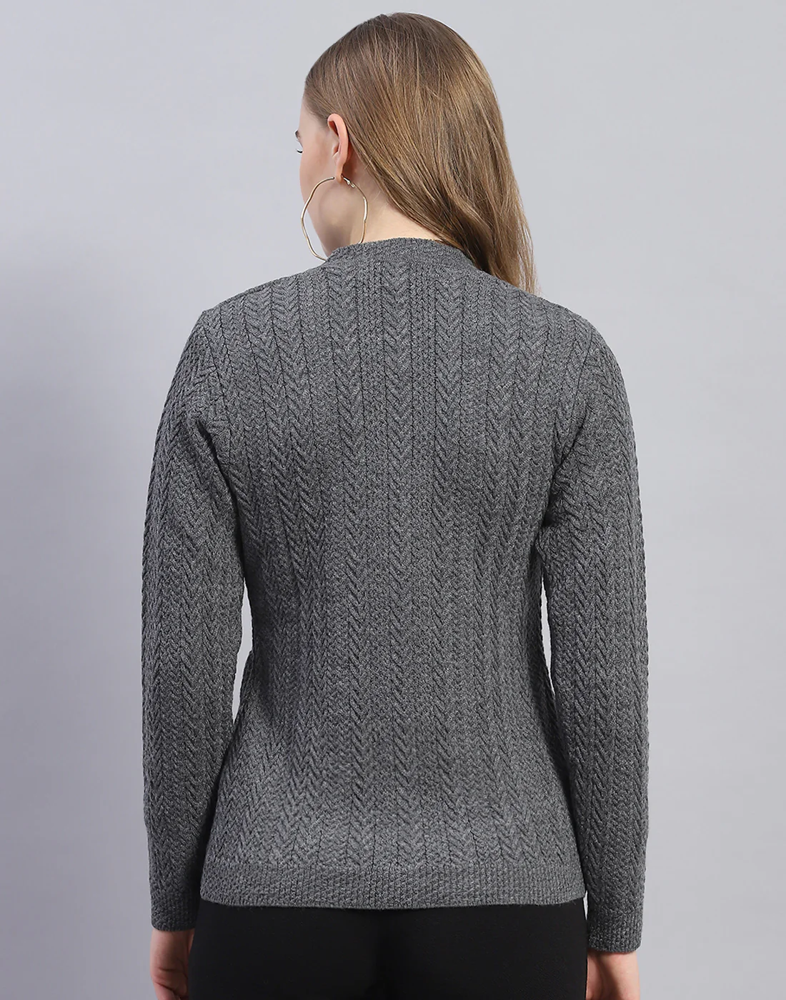 Women Grey Solid V Neck Full Sleeve Cardigan - Image 5