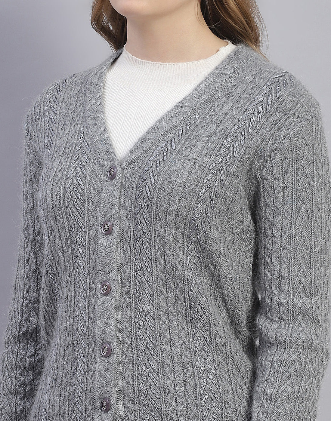 Women Grey Solid V Neck Full Sleeve Cardigan - Image 6
