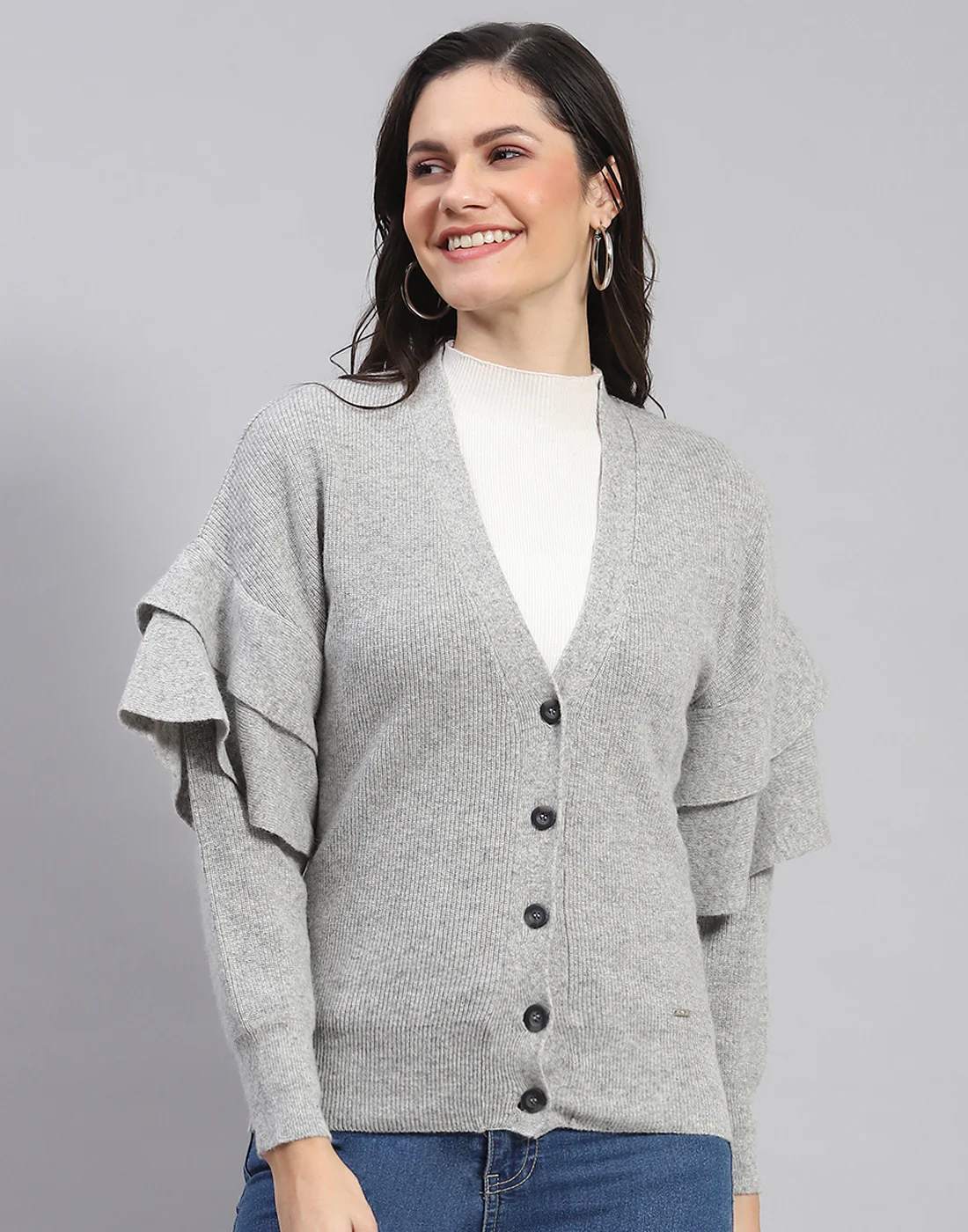 Women Grey Solid V Neck Full Sleeve Cardigan - Image 2