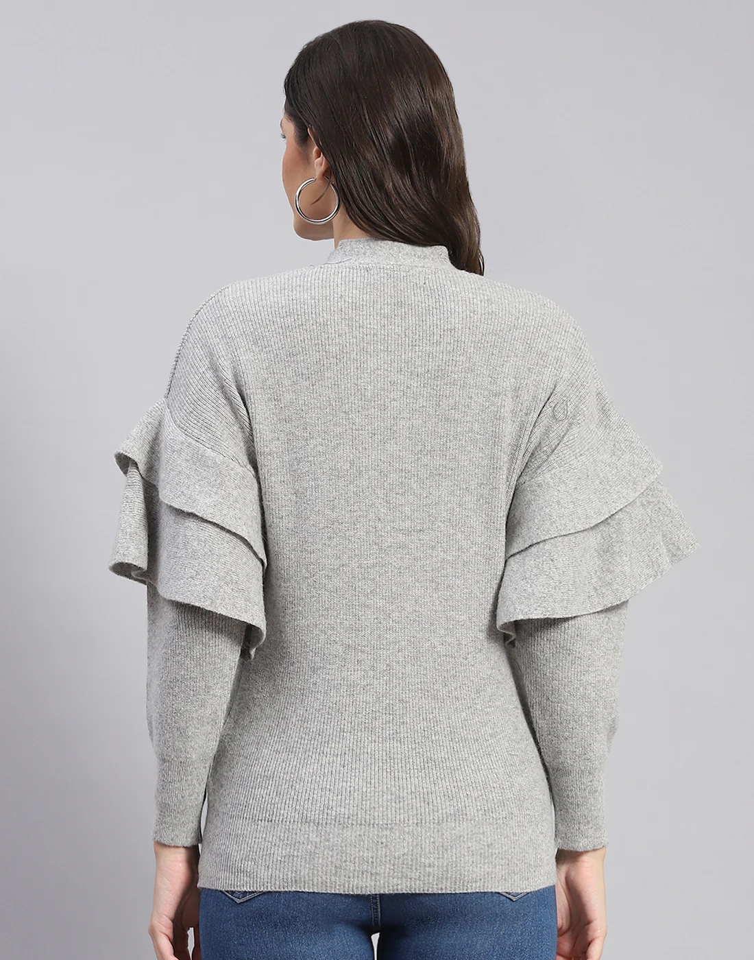 Women Grey Solid V Neck Full Sleeve Cardigan - Image 5