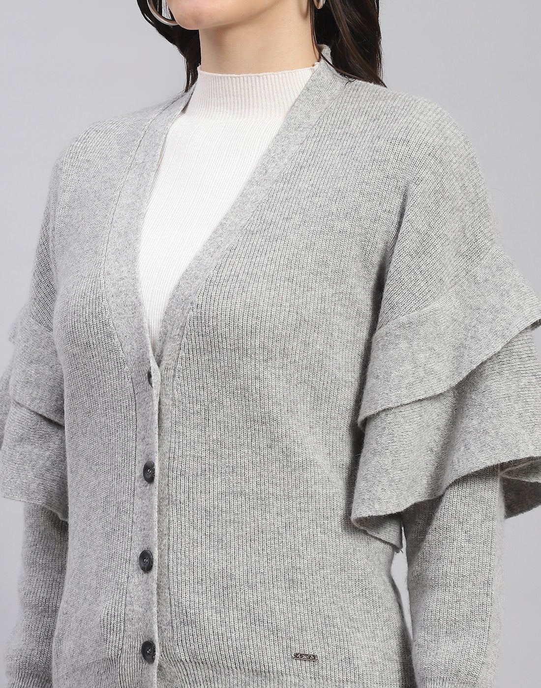 Women Grey Solid V Neck Full Sleeve Cardigan - Image 7