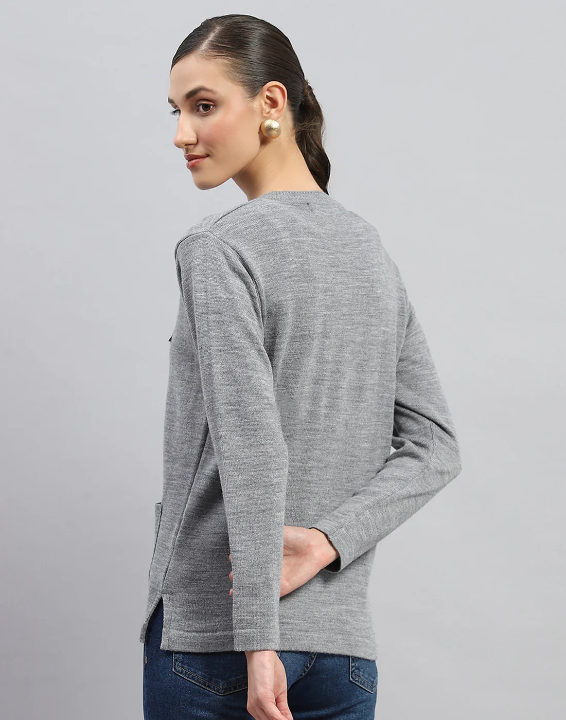 Women Grey Solid V Neck Full Sleeve Cardigan - Image 5
