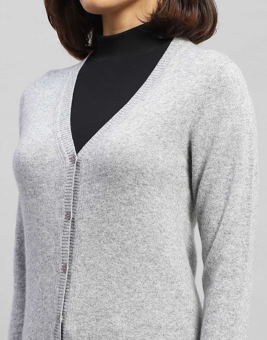 Women Grey Solid V Neck Full Sleeve Cardigan - Image 6