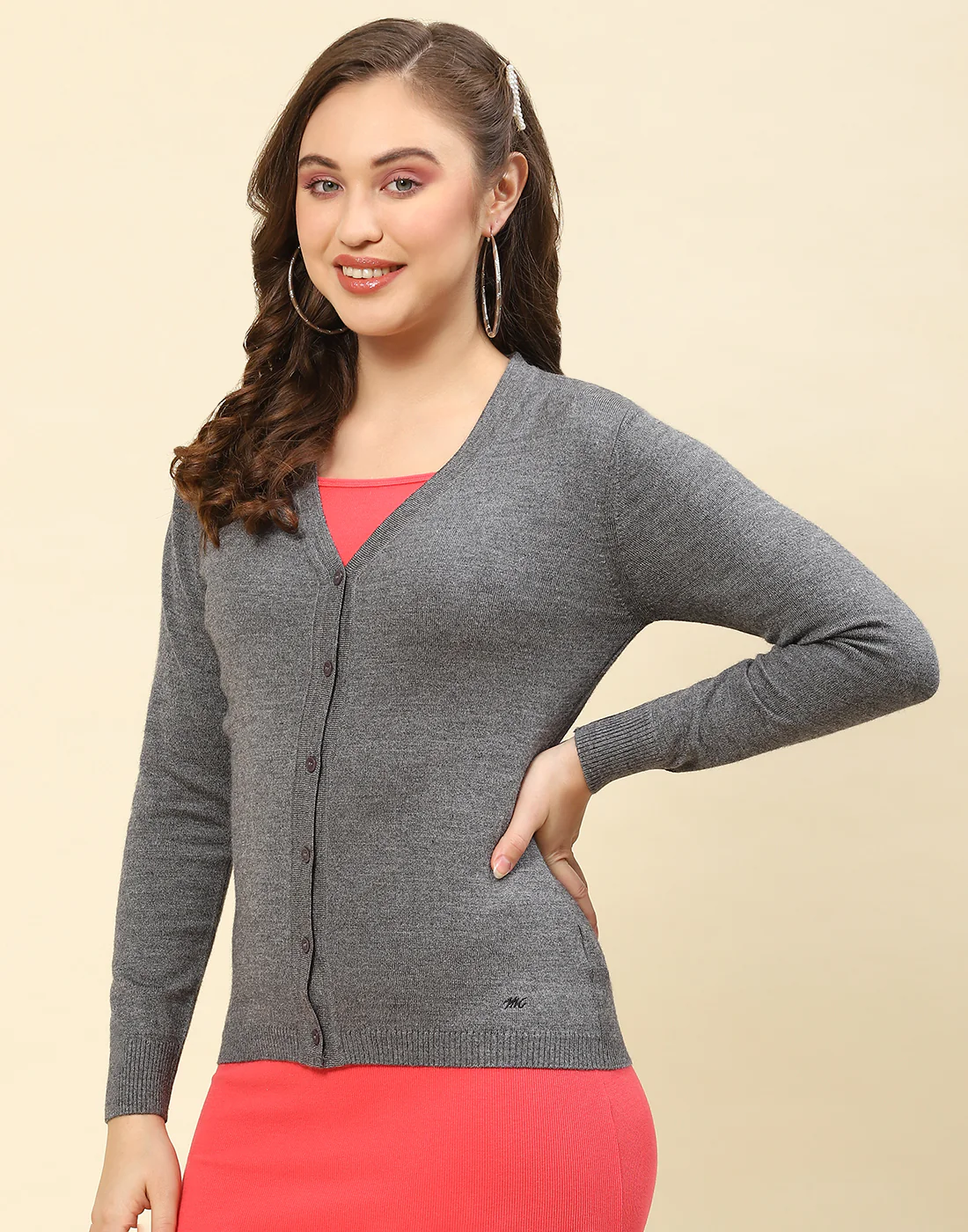 Women Grey Solid V Neck Full Sleeve Cardigan - Image 3