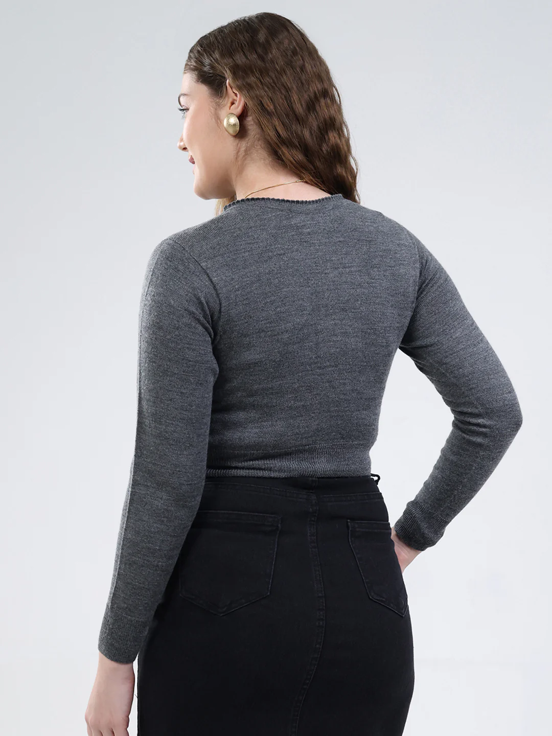 Women Grey Solid V Neck Full Sleeve Cardigan - Image 5