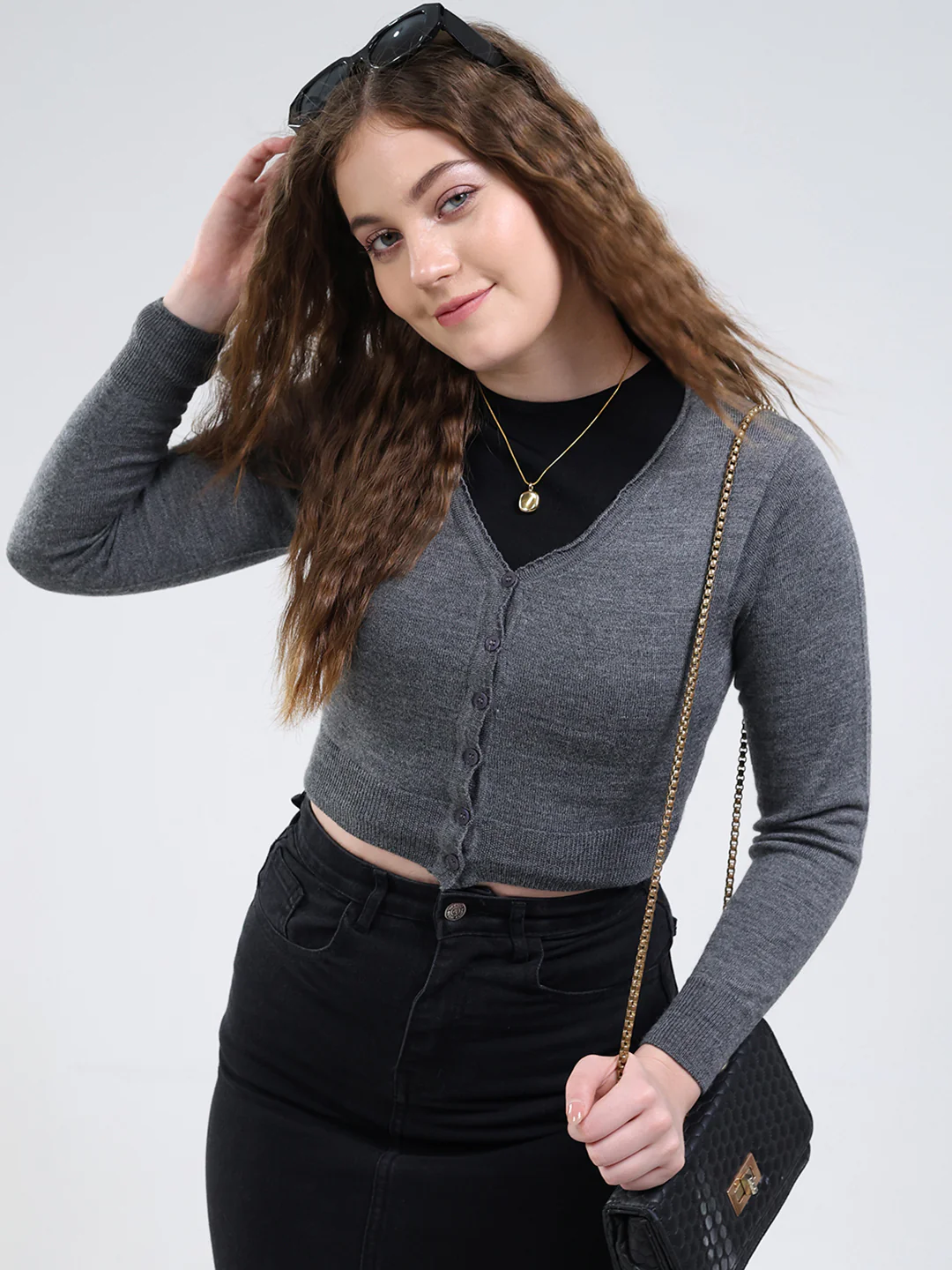 Women Grey Solid V Neck Full Sleeve Cardigan - Image 6