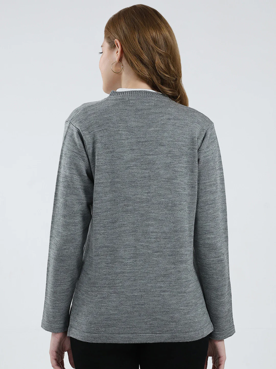 Women Grey Solid V Neck Full Sleeve Cardigan - Image 5