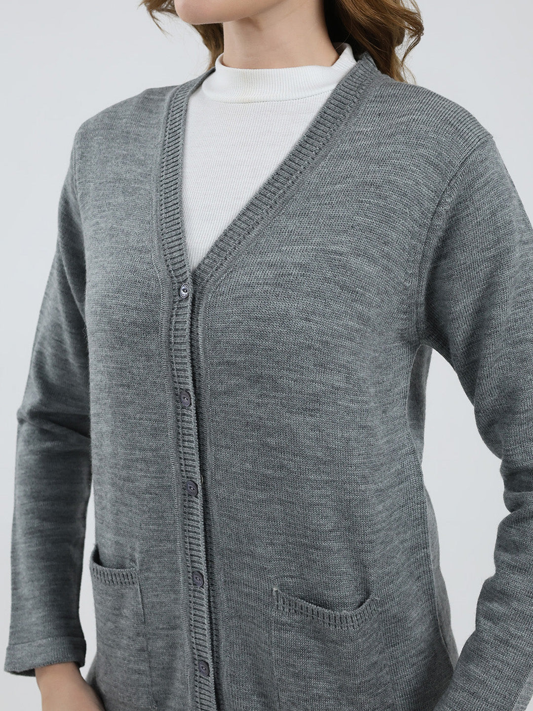Women Grey Solid V Neck Full Sleeve Cardigan - Image 6