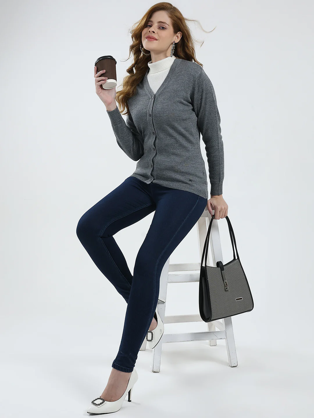 Women Grey Solid V Neck Full Sleeve Cardigan - Image 2