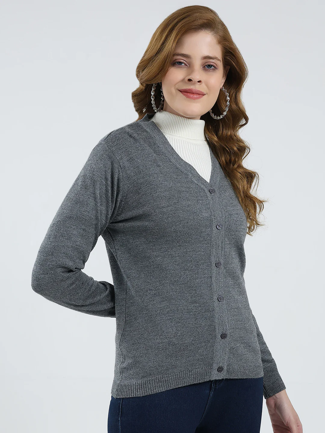 Women Grey Solid V Neck Full Sleeve Cardigan - Image 4