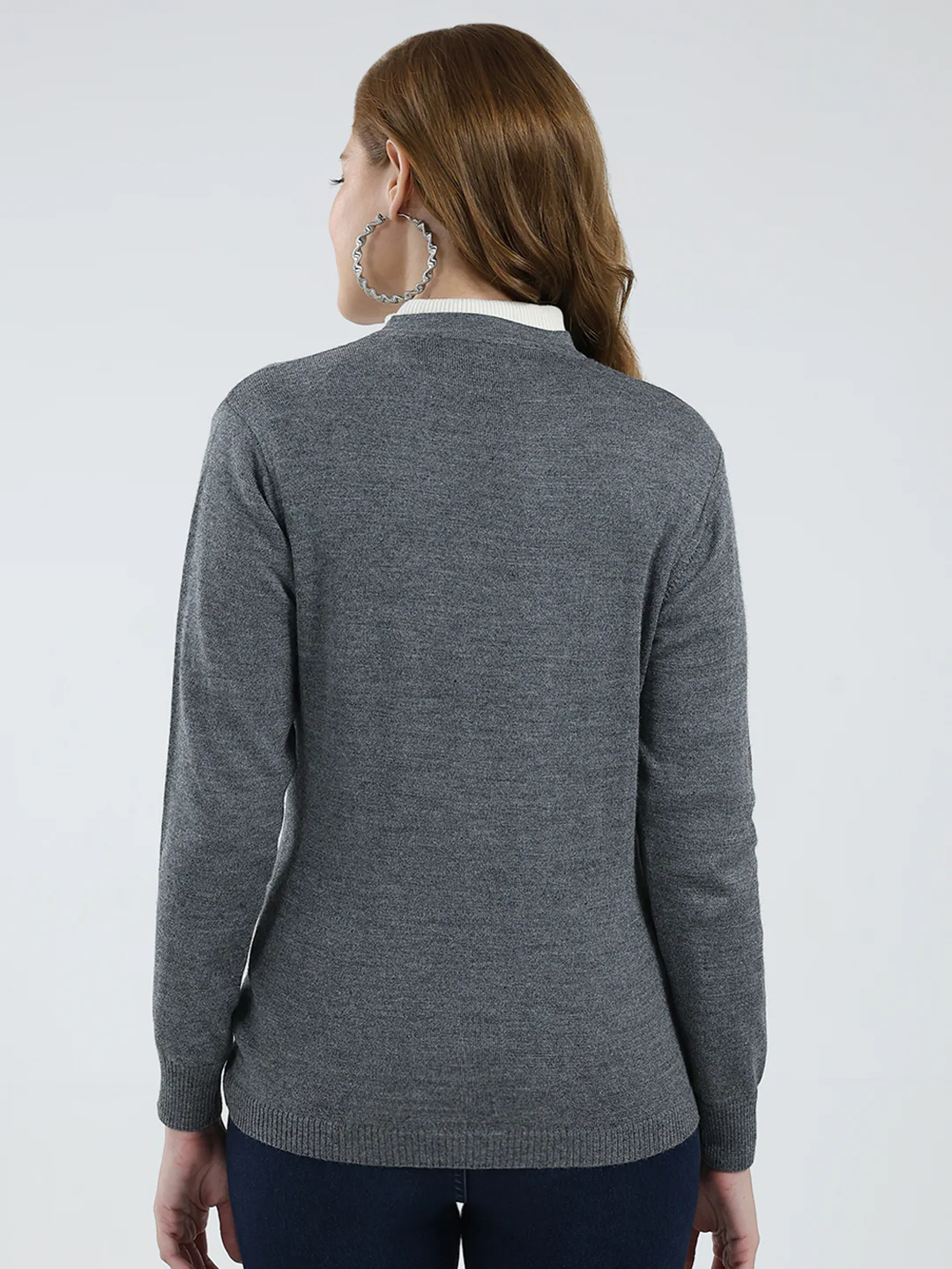 Women Grey Solid V Neck Full Sleeve Cardigan - Image 5