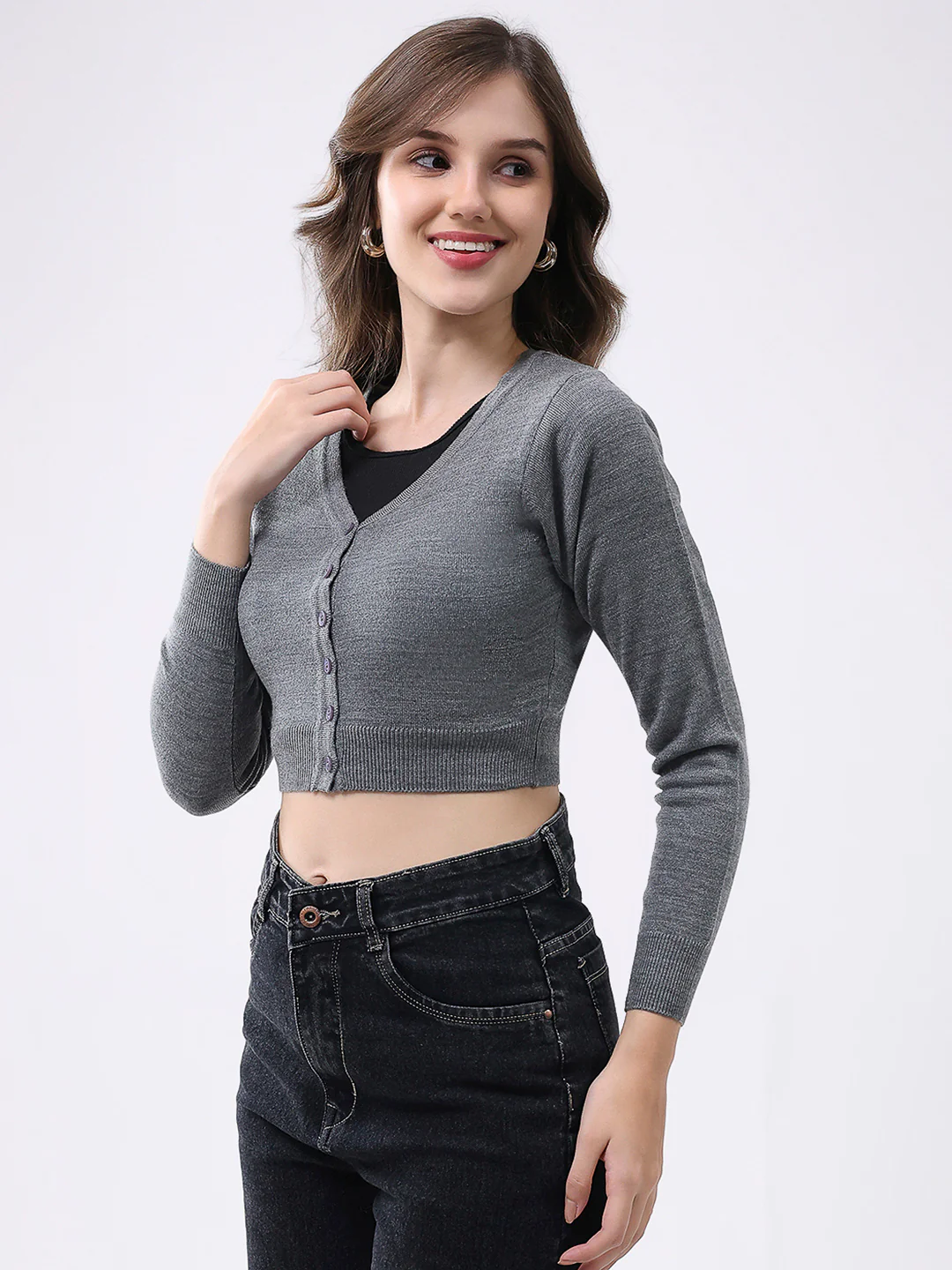 Women Grey Solid V Neck Full Sleeve Cardigan - Image 3