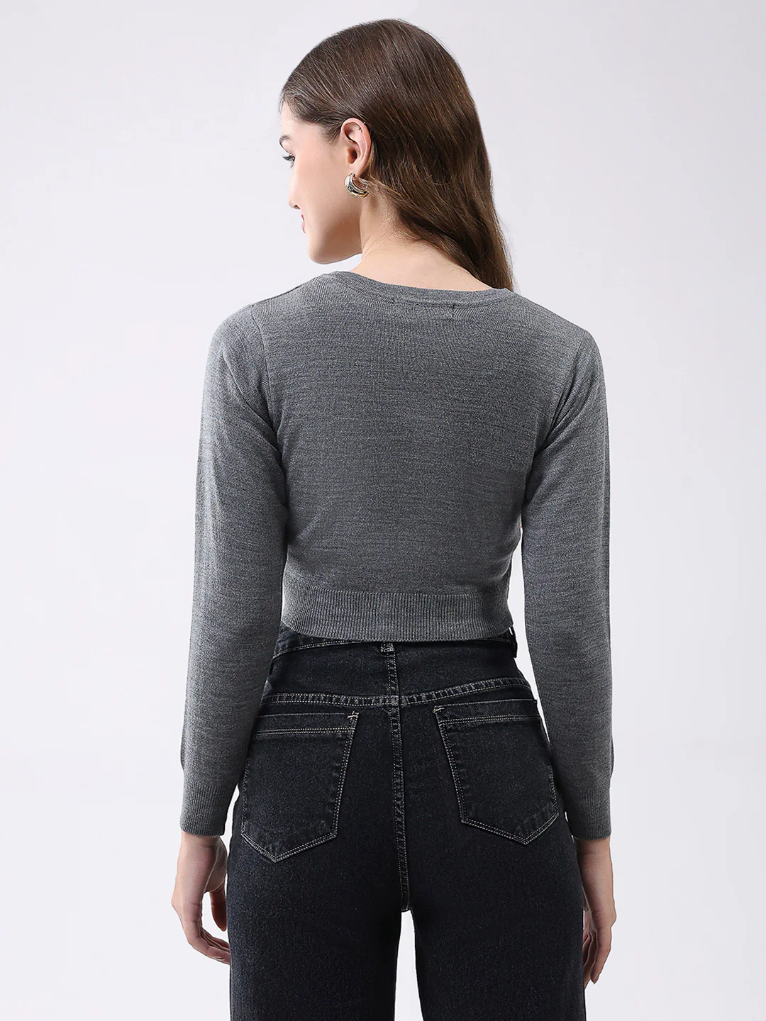 Women Grey Solid V Neck Full Sleeve Cardigan - Image 5