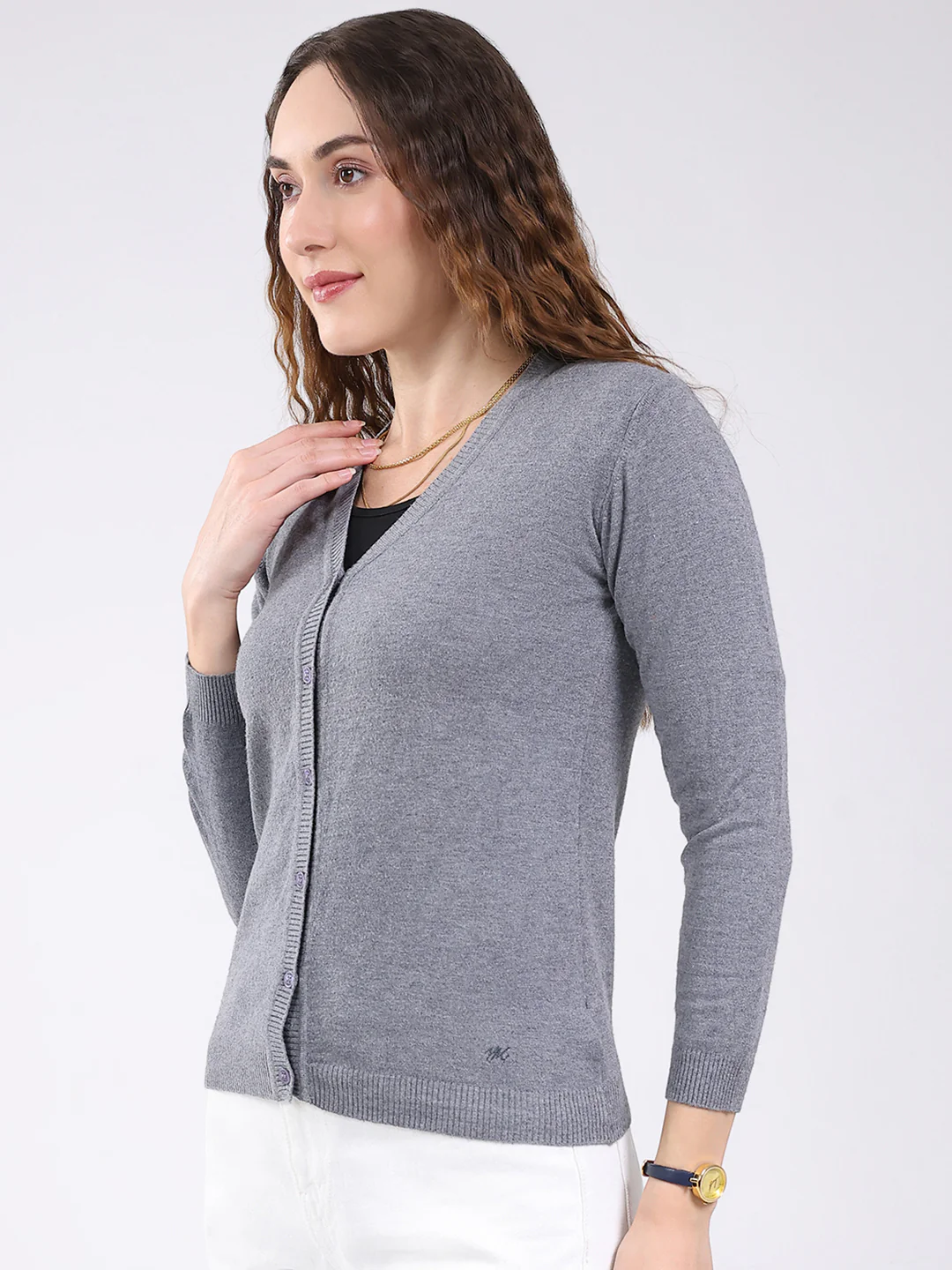 Women Grey Solid V Neck Full Sleeve Cardigan - Image 3