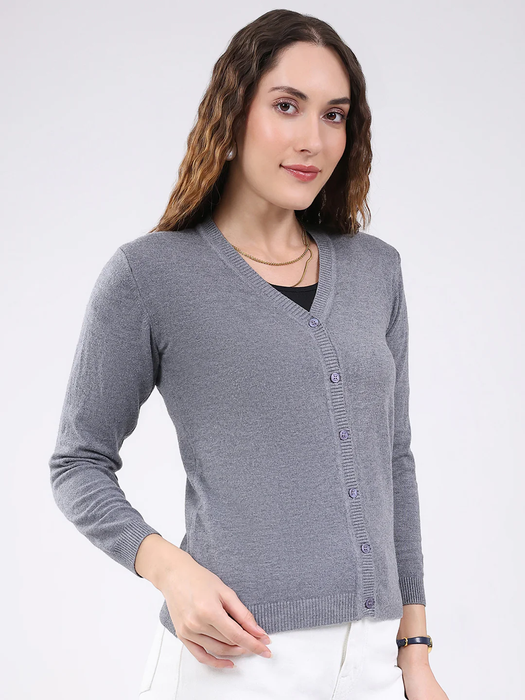 Women Grey Solid V Neck Full Sleeve Cardigan - Image 4
