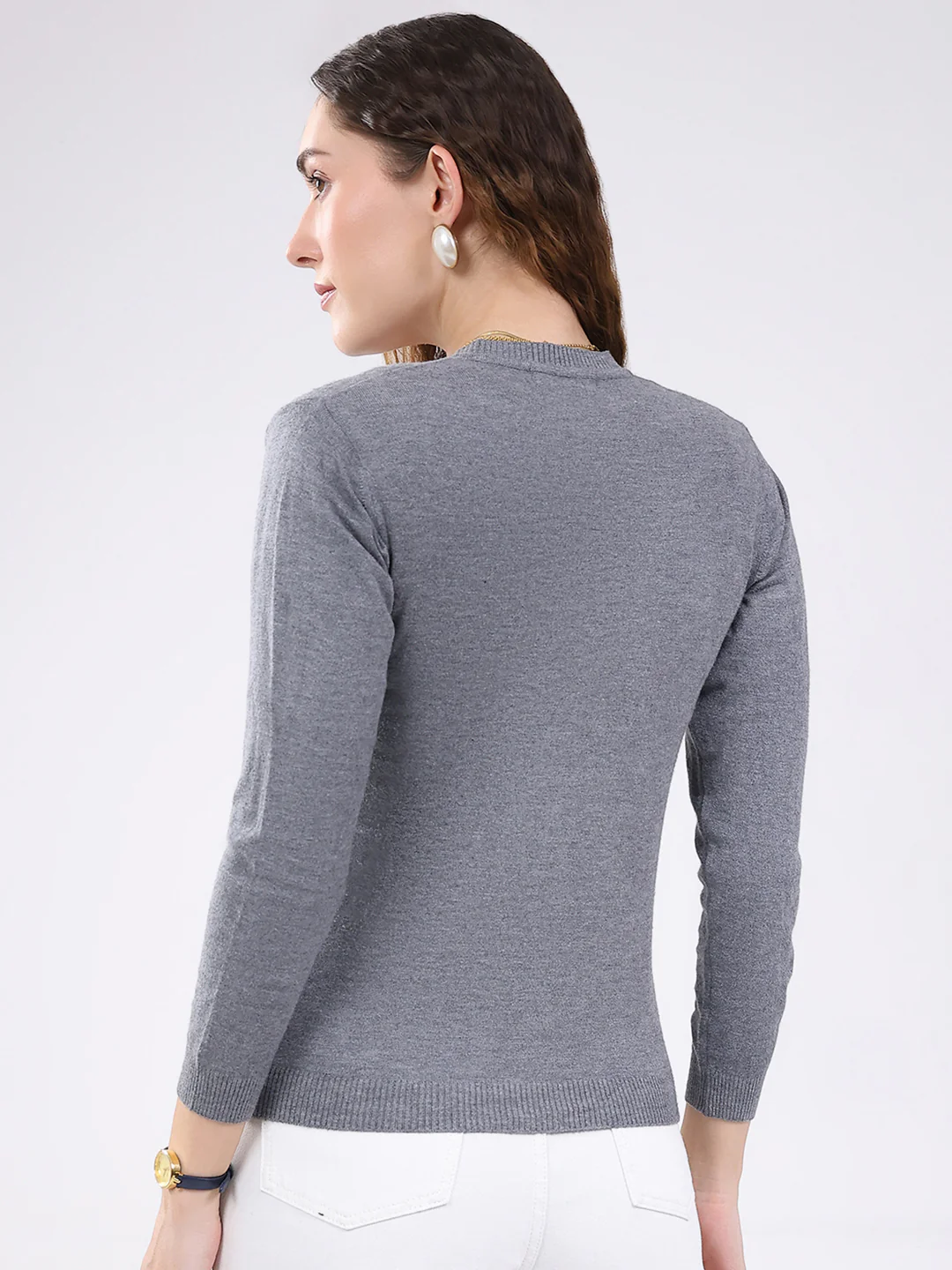 Women Grey Solid V Neck Full Sleeve Cardigan - Image 5