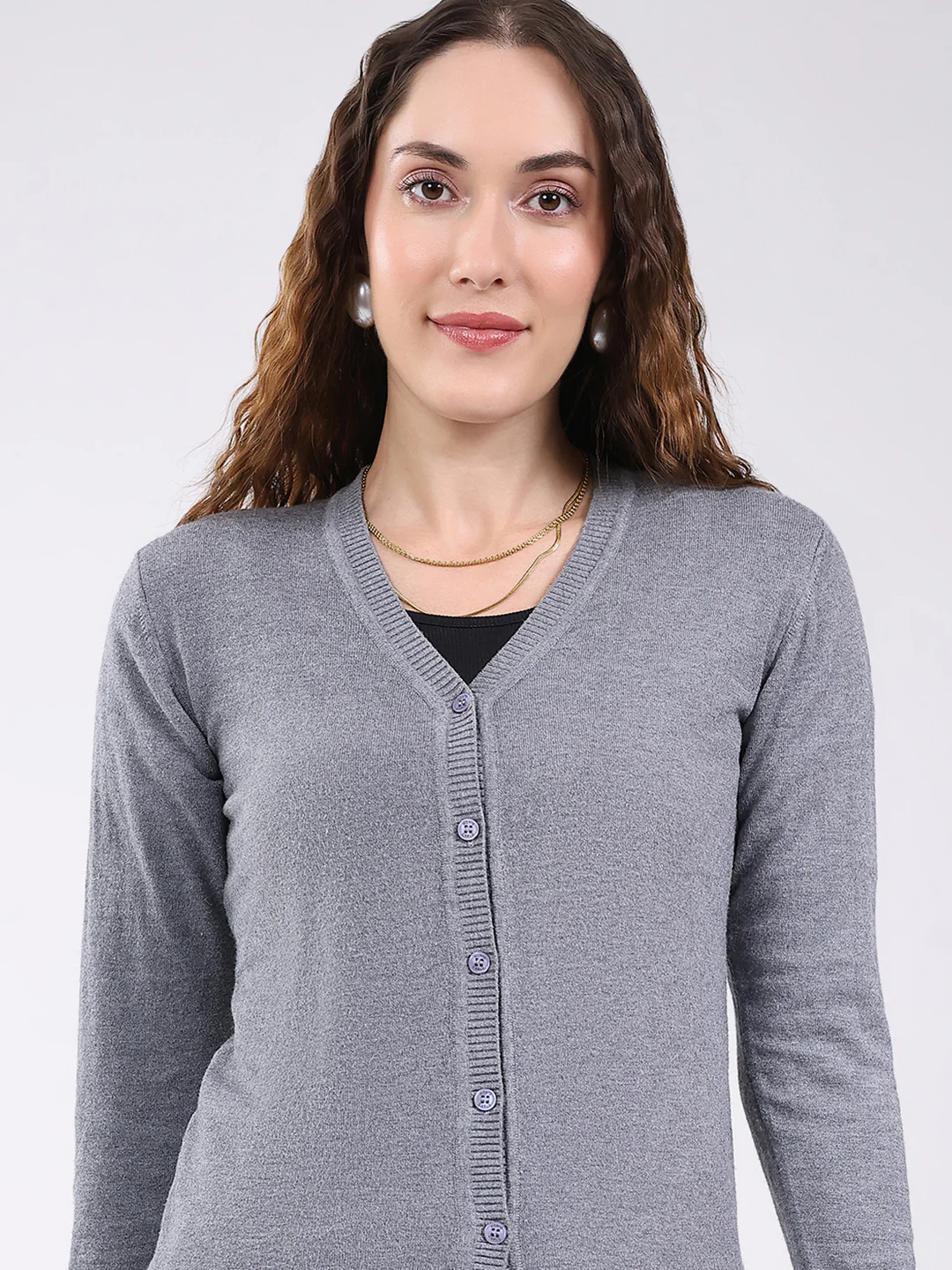 Women Grey Solid V Neck Full Sleeve Cardigan - Image 6