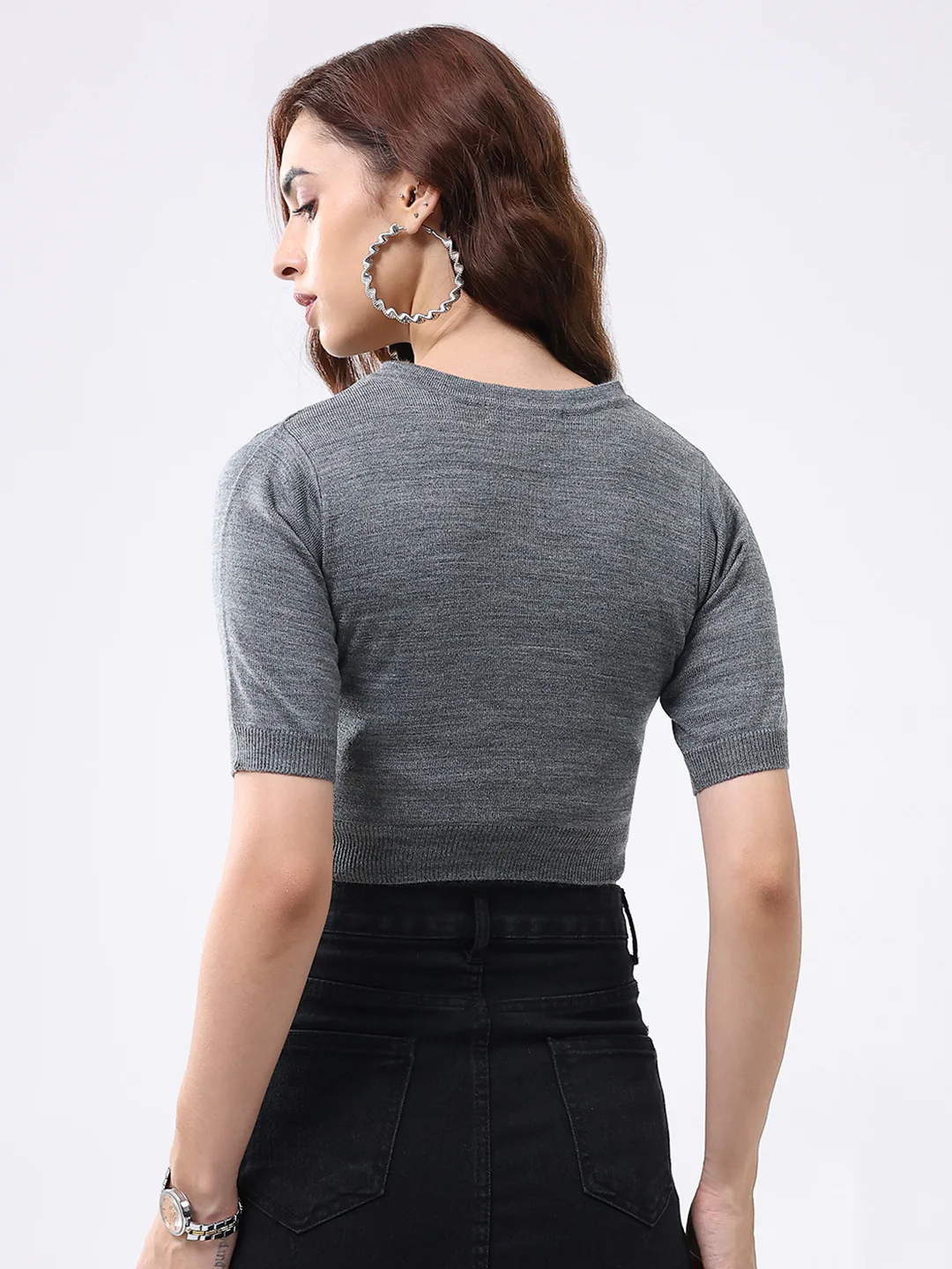 Women Grey Solid V Neck Half Sleeve Cardigan - Image 5