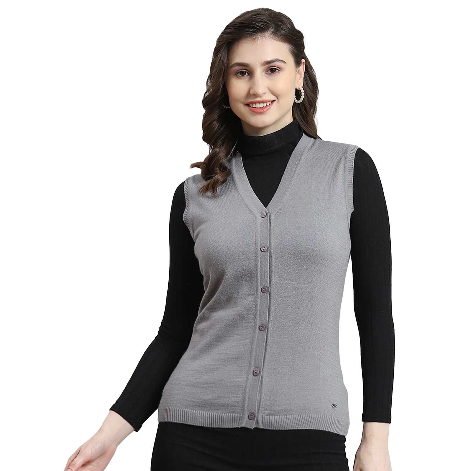 Women Grey Solid V Neck Sleeveless Cardigan - Image 5
